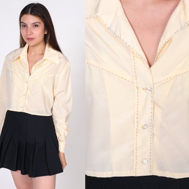 Western Crop Top 70s Blouse Pale Yellow Shirt Cowboy Button Up Top 1970s Vintage Rodeo Dagger Collar Long Sleeve Cropped Shirt Medium Large 