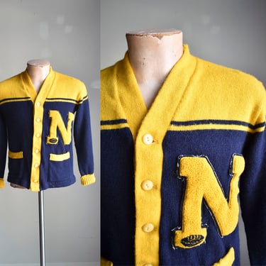 1950s Varsity Sweater / Vintage Navy Varsity Cardigan Sweater / Navy Football Wool Cardigan Sweater / 50s Letterman Sweater Small 