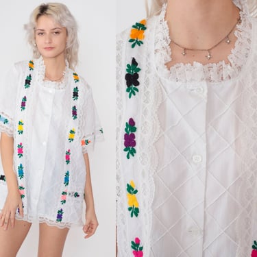 White Floral Blouse 90s Mexican Embroidered Lace Trim Top Button up Shirt Pintuck Hippie Short Sleeve Festival Cotton Vintage 1990s Medium M 