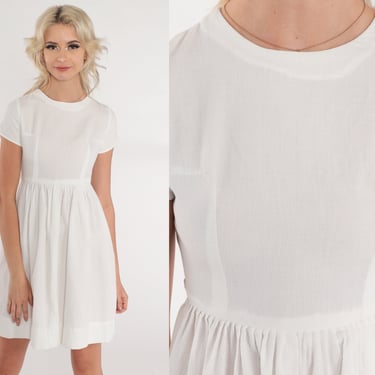 White Mini Dress 60s 70s Day Dress Empire Waist Short Sleeve Simple Plain Mod Retro Party 1960s Basic Feminine Vintage 1970s 2xs xxs 
