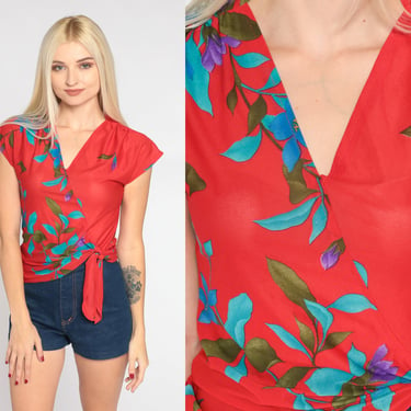 Floral Wrap Shirt 70s Semi Sheer Red Top Tie Front Blouse Cap Sleeve V Neck Blue Green Flower Print Bohemian Vintage 1970s Extra Small xs 