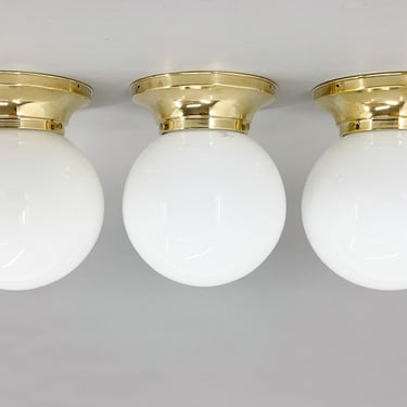 Set of Three Mid-Century Brass and Milk Glass Ceiling Ligts, Restored / Mid-century Lighting / Brass Base / Milk Glass Shade 