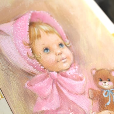 VERY RARE! ORIGINAL Gouache Painting by Artist Fran Ju | 1960s Original Rust Craft Greeting Card Art | Baby in Pink with Teddy Bear 