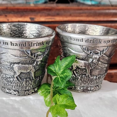 2 Scottish Pewter Shot Glasses~Stag & Mountain Scene~Gifts for Him 