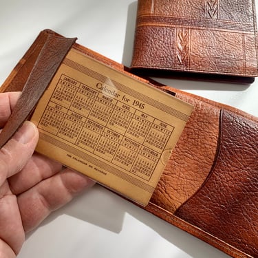 1945-46 Leather Wallet 2 Box Set - Embossed Tooled Mission Leather - Original Box - Brown & Bigelow - NOS Dead Stock 