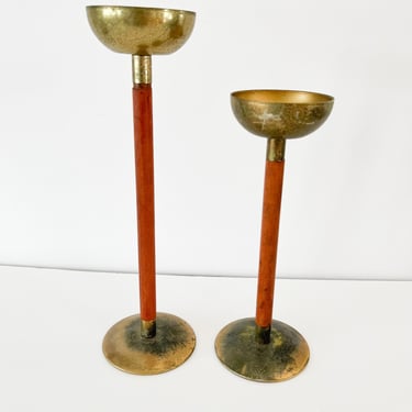Gold and Wooden Candleholder. Mid Century Candlesticks. Pair of Vintage Candle Stick Holders. 