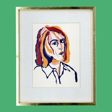 Vintage Screenprint 1970s Retro Size 22x18 Mid Century Modern + Womans Portrait + Signed by Artist + 1/14 + Gold Metal Frame + Wall Decor 