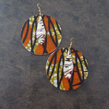 Large round African print Ankara earrings, orange 