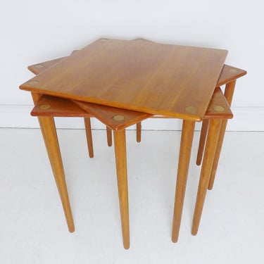 Vintage Teak & Brass Stacking Nest Of Tables Coffee Table By Georg Petersens  Denmark 