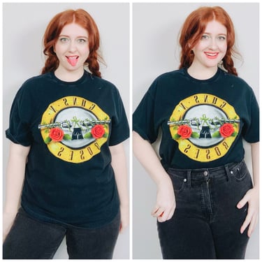 Y2K Black Cotton Guns N' Roses T-Shirt / 2000s Band Knit Tee / - Large - XL 