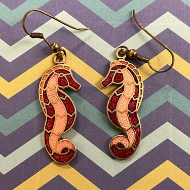 cloisonné seahorse earrings vintage 1970s hook sea horse jewelry 