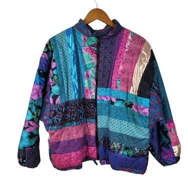 Vintage Hand Made Reversible Bomber Jacket Blanket Coat Large XL 1X Patchwork 