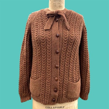 Vintage Cardigan Retro 1970s NO SIZE + Hand Knit + Fisherman + Chunky + Brown + Rust + Burnt Orange + Tie Collar + Acrylic + Womens 