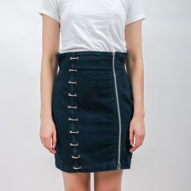 1980s Santana Black Denim Zipper and Rivet Pencil Mini Skirt