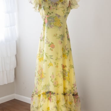 Size M, 1960s Lemon Yellow Floral Chiffon Ruffled Prairie Dress 