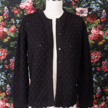 1960s Black Textured Knit Perforated Cardigan With Scalloped Bottom 