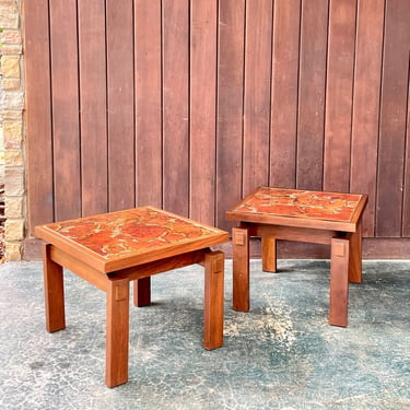 Pair Rare Lane Burl Wood Side Tables Vintage Mid-Century Retro 