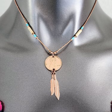 Vintage Copper Lucky Penny Necklace~Beaded Native American Choker with Penny & Feathers 
