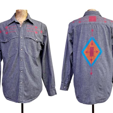 Vintage 1990s Wrangler Western Shirt, 90s Gray Cotton Chambray Cowboy Shirt, Southwestern Style Silkscreened  Arrow Pattern, Medium, VFG 