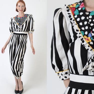 Vertical Striped 80s Jumpsuit, Vintage Glam Bubble Playsuit, Tuxedo Ruffle Carpi Pant Suit 