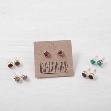 Brass and Stone Stud Earrings