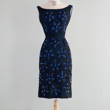 Glamorous 1950's Black &amp; Blue Sequin Bombshell Wiggle Dress / Small