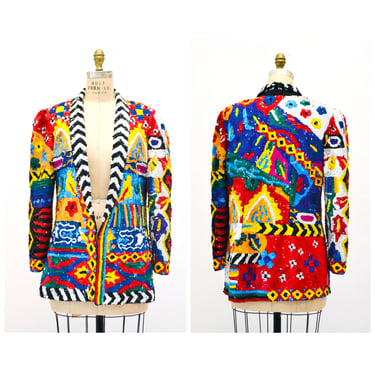 80s 90s Glam Vintage Rainbow Sequin Beaded Jacket Blazer Medium Pop Art Abstract Multicolored Sequin Jacket Gay Pride Sequin Blazer Jacket 