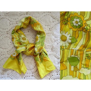 Vintage Flower Power Scarf - Groovy Floral Print 60s 70s Polyester Boho Hippie Yellow Mod 