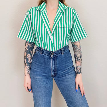 Retro Green and White Striped Button Up Shirt 