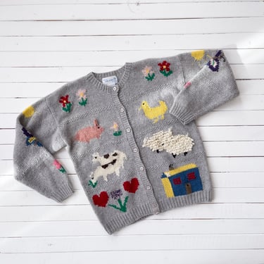 cute cottagecore sweater | 80s 90s vintage Deans of Scotland gray wool sheep cow pig butterfly farm animal country embroidered cardigan 