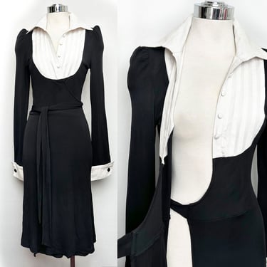 Y2K Diane von Fürstenberg Tuxedo Wrap Dress Black & White, Ossie Clark 1970's style, Vintage Midi Dress, Size 8, Designer 