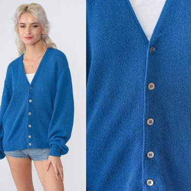 Blue Cardigan 70s Alpaca Wool Button Up Knit Sweater Retro Plain Grandpa Sweater Slouchy Boho Preppy Knitwear Bohemian Vintage 1970s Large L 