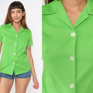 Lime Green Blouse 70s Button Up Shirt Collar Retro Top Basic Plain Preppy Collared Short Sleeve Simple Minimal Vintage 1970s Small S 