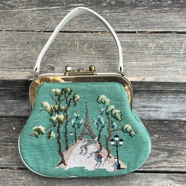 1950s Paris needlepoint handbag sage souvenir city tapestry purse 