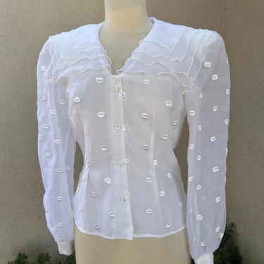 Vintage sheer white blouse embroidered Sz 6 Ann Hobbs Cattiva I Magnin 