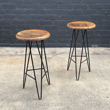 Pair of Iron & Wood Hairpin Leg Style Bar Stools 