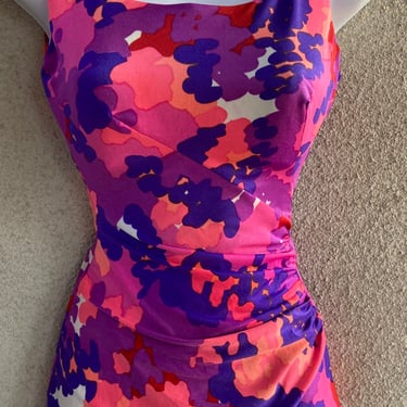 Vintage Wounded Bird one piece swimsuit tropical pinks purples print front skirt by Sirena sz 10/8 