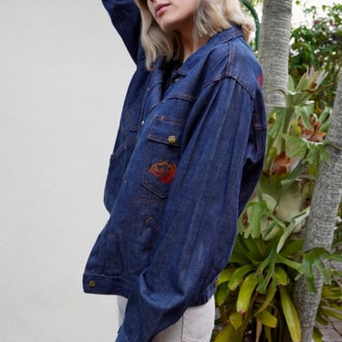 70's Ely Jacket / Four Pocket Dark Wash Denim Jacket / Selvedge Classic Jean Jacket / Lightweight Jacket / Stencil Floral Pattern 