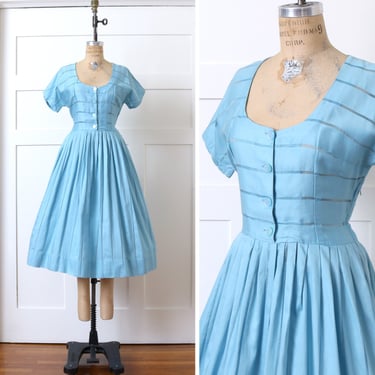 vintage 1950s blue cotton day dress • subtle woven stripes short sleeve full skirt dress 