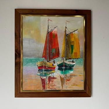 Vintage Mahon  Colorful Sailboats on a Calm Sea Oil on Canvas Painting, Framed 