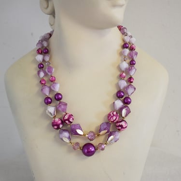 1960s Purple Plastic Multi-Strand Bead Necklace 