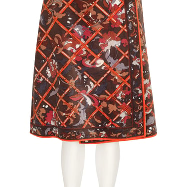 Emilio Pucci 1970s Vintage Floral Print Brown Cotton Velvet Wrap Skirt Sz S M 