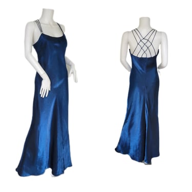 Cachet 1990's Blue Iridescent Cage Back Long Maxi Dress I Sz Med I Bias Cut I Prom Dress 