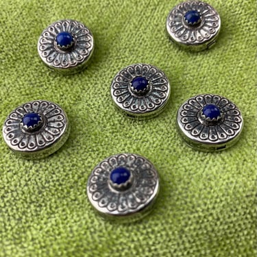 1980's Western Style Button Covers - Sterling Silver with Lapis Stones in a Bezel  ( Set of 6 ) 