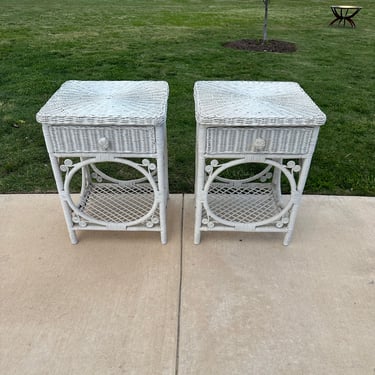 Pair of White Wicker Wrapped Nightstands 