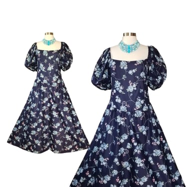 Vintage Floral Puff Sleeve Dress, 3XL / Fitted Bodice Tea Dress / Navy Cotton Country Floral Dress / Plus Size Volup Cottagecore Dress 