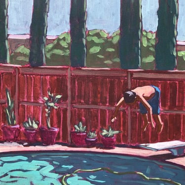 Pool #99 - Original Acrylic Painting on Canvas 14 x 14, diving board, boy, outside, summer, michael van, trees, water, blue, aqua, green 