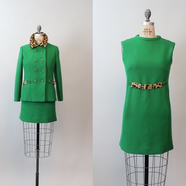 1960s GREEN mini dress and LEOPARD trim JACKET small | new spring 