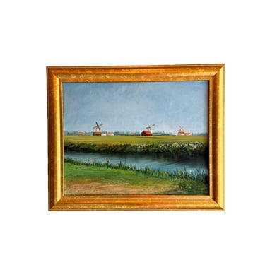 Vintage Canvas Painting with Gold frame of Windmills in Field Unsigned Northern Europe 