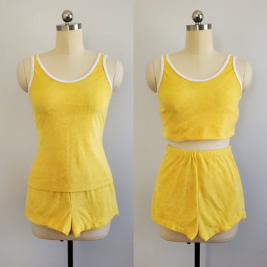 1970s Terry Cloth Tank and Shorts Set - 70s Playsuit - 70's Women's Vintage Size Small/Medium 